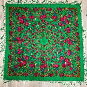 Huge, Festive Patterned Pavlovo Posad Shawl,  Green
